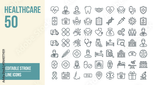 Healthcare icon set. Containing medicine, hospital, doctor, nurse, ambulance, medical, treatment, pills, mental care and more. Editable line icons. Vector illustration.