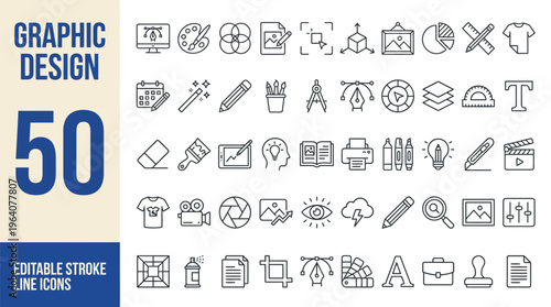 Graphic design icon set. Containing digital art, creativity, drawing, portfolio, idea, web design, designer, stationary, software, tools, drawing and more. Editable line icons. Vector illustration.