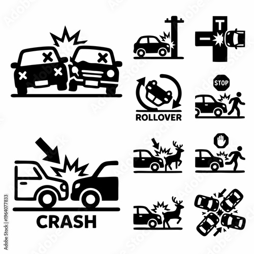 Car Accident and Road Crash Icon Set - Black and White Vector Symbols of Head-on Collision Rollover Rear End Crash Car hits Deer Pedestrian Accident and Multi-car Pileup Flat Design