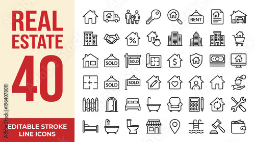 Real estate icon set. Containing realty, property, mortgage, home loan, rent, building, agent, house, realtor, home sale and more. Editable line icons. Vector illustration.