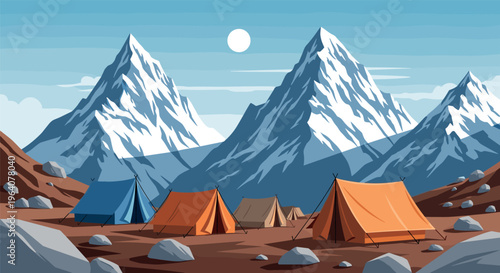 Mountain camping landscape with tents and snowy peaks outdoor adventure travel nature scenic vector illustration background