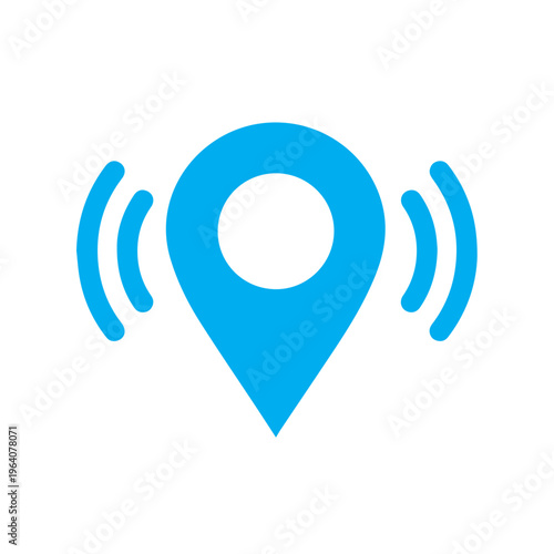Aqua blue map pointer icon illustrates a clear GPS signal transmission emanating outwards against a clean backdrop.