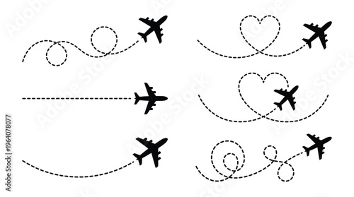 Airplane route with dotted flight path. Flying plane symbol with twisted, curved, straight and heart shape dashed trace path. Transparent png and vector illustration.