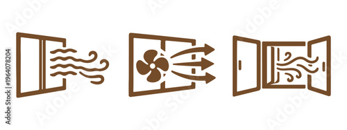 Ventilation Airflow Icon Set – Window Fresh Air Circulation and Fan Line Icons.