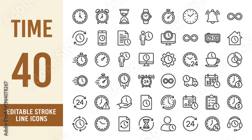 Time icon set. Containing timer, alarm, clock, schedule, hourglass, wristwatch, stopwatch, date, calendar, time management and more. Editable line icons. Vector illustration.