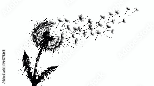 Black ink splatter silhouette of a dandelion flower with seeds blowing away in the wind on white background, concept for hope symbolism, freedom expression and minimalist wall art decor
