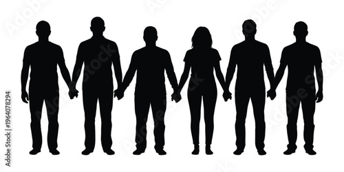 A group of six people standing in a line holding hands in unity and solidarity