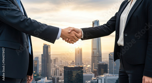 Two businessmen shaking hands with a city skyline at sunset