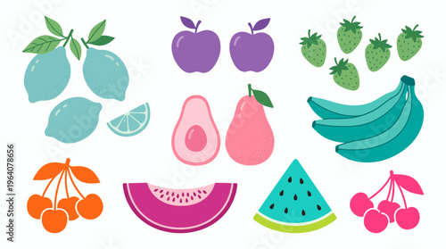 Colorful flat vector illustration set of various fruits in vibrant pop art colors on white background, concept for healthy lifestyle, vegan diet branding and fresh organic product advertising