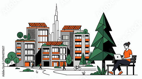 Freelance marketing manager working on laptop in green eco friendly city park with solar panel buildings and people walking, concept for sustainable urban development, remote work and energy