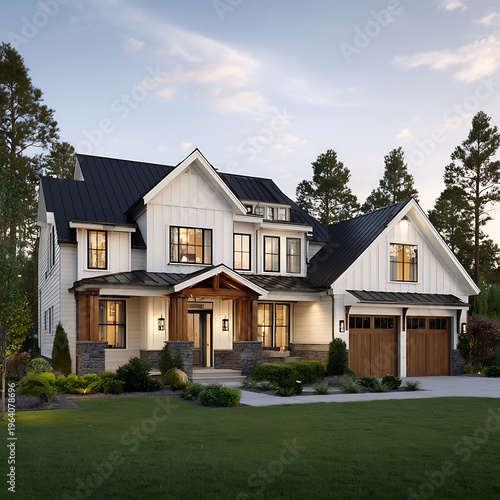 Luxury modern farmhouse with white exterior and black roof at dusk