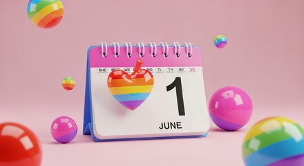 Pride month calendar with rainbow balls.
