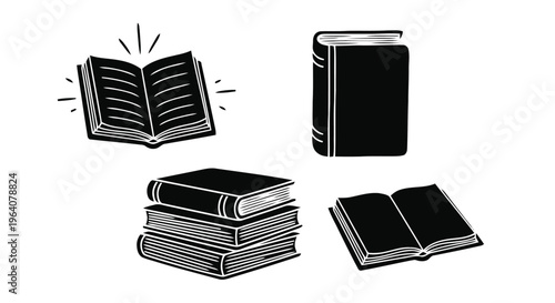 Vector illustration of set of black and white book icons, open and closed books