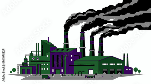 Green and purple flat vector illustration of an industrial factory complex with tall chimneys emitting thick black smoke clouds, concept for environmental pollution, manufacturing and ecology