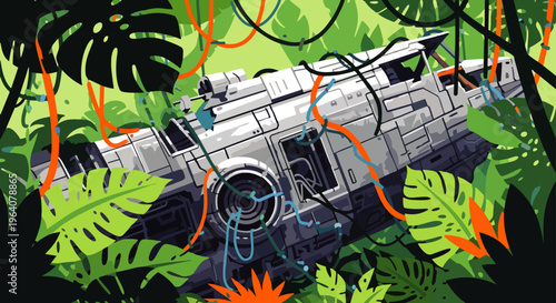 futuristic crashed spaceship overgrown with lush green jungle foliage and tropical vines illustrating nature reclaiming technology