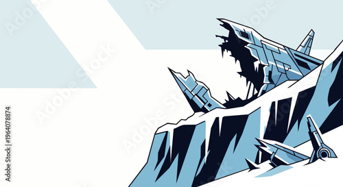 minimalist illustration of a crashed futuristic spaceship frozen in an arctic ice landscape perfect for sci-fi discovery and mystery themes