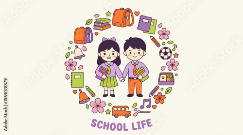 Elementary students as future junior managers holding books and lunchbox in icon frame, concept for professional talent acquisition, corporate human resources and career path development