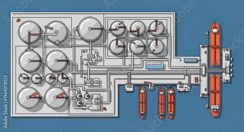 Schematic Diagram of a Wastewater Treatment Plant with Tanks and Pipes.