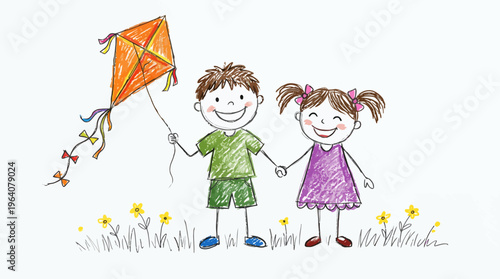 Hand drawn illustration of happy young children as future entrepreneurs flying a kite in a flower field, concept for early education, business leadership and creative development programs