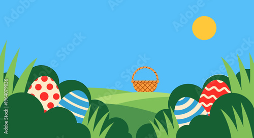 easter egg hunt illustration with vibrant decorated eggs hidden in green grass and a basket under a bright sun.