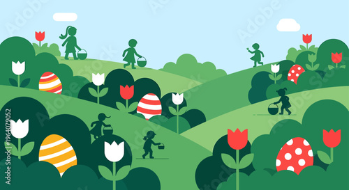 easter egg hunt with children searching for colorful eggs amidst green hills and spring flowers a joyful outdoor holiday activity.