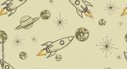 seamless pattern featuring retro rockets planets and mid-century modern atomic stars a whimsical space background.