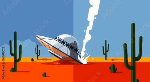 ufo crash landing a damaged alien spaceship wreck with smoke and debris in a remote desert depicting an emergency event.