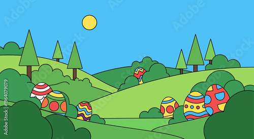 easter egg hunt in flat design with vibrant patterned eggs hidden in a lush green spring landscape ideal for holiday fun.