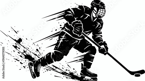 Dynamic black and white silhouette illustration of a professional ice hockey player skating aggressively with a stick and puck, concept for sports competition, team spirit and athletic motion