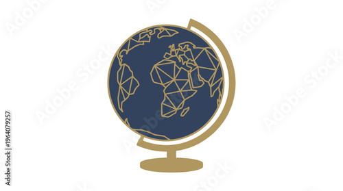 A stylized illustration of a globe on a stand, depicting a modern, geometric interpretation of the Earth's continents