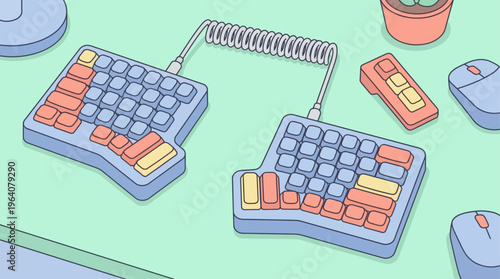 Ergonomic split mechanical keyboard with coiled cable and computer mice on a desk, workspace setup