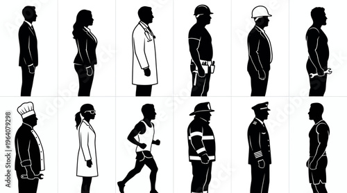 Worker silhouettes including corporate manager, doctor, engineer, chef and pilot standing in profile, concept for career recruitment, labor day celebration and human resources management