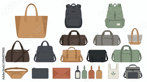 Large collection of various bag types including backpacks, duffel bags and luggage tags in flat vector style, concept for fashion store catalog, travel accessories and corporate design