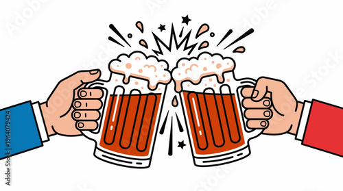 Two business executives clinking foam-filled beer mugs together in a celebratory toast, concept for corporate after-work party, professional partnership success and marketing advertisement