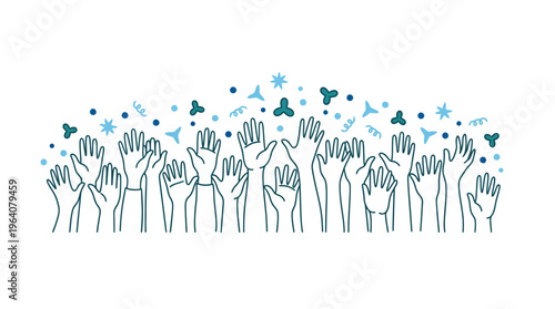 Blue line art illustration of diverse hands raised high with confetti and decorative stars on white background, concept for business achievement, community volunteering and team success