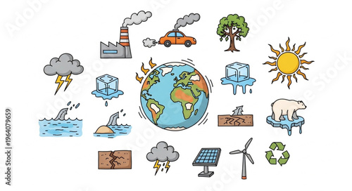 Climate Change and Environmental Issues Illustration with Earth and Pollution.