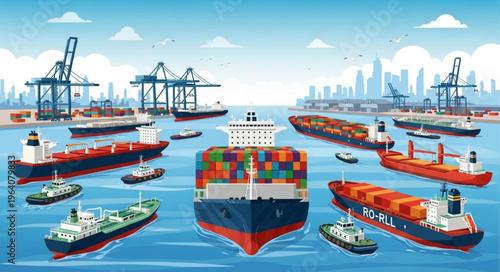 Busy Port Scene with Cargo Ships and Cranes.
