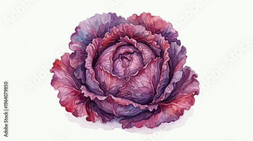 Artistic watercolor illustration of a fresh red purple cabbage head with textured leaves isolated on white background, concept for healthy culinary blog, organic farm market and vegan recipe