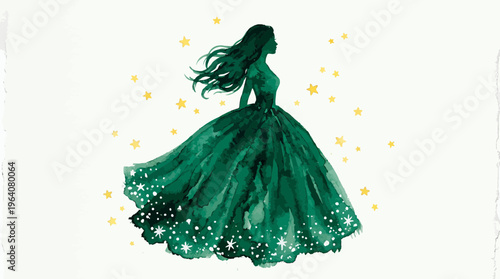 Silhouette of a professional fashion executive in a flowing emerald green gown with stars on white background, concept for corporate gala branding, luxury marketing and event planning