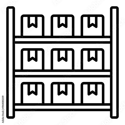 Warehouse storage rack icon with stacked boxes. Simple line illustration for inventory management, fulfillment centers, and stock control.