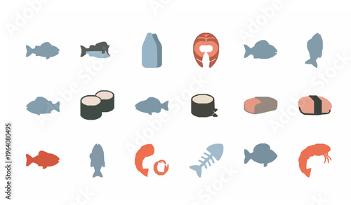 Fish Flat Icon Set Seafood Food Simple Vector Collection
