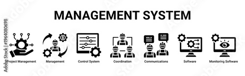 Management System web banner icon vector illustration with icons of Project Management,Management,Control System,Coordination,Communications,Software and Monitoring Software