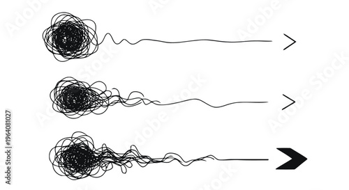 Vector illustration of set of messy scribbles untangling into straight lines with arrows