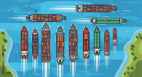 Aerial View of Container Ships Sailing on Waterways.