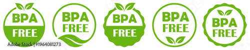 BPA free label icons set featuring green eco friendly certification badges for safe plastic products. Ideal for packaging, food containers, health products, organic branding. vector illustration