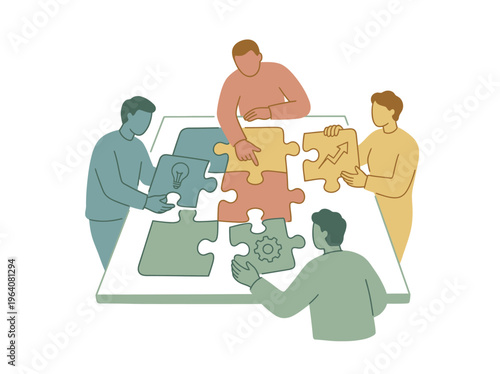 Teamwork around table with puzzle pieces