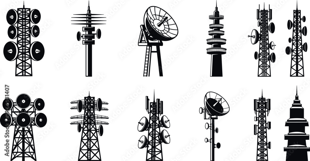 Naklejka premium Telecommunication towers and antennas collection with signal transmitters radio network infrastructure silhouettes vector illustration set isolated