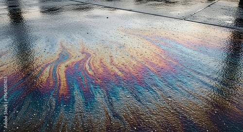 Iridescent Oil Slick Rainbow Pattern on Wet Pavement Surface.