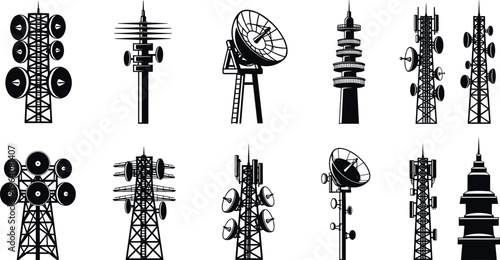Telecommunication towers and antennas collection with signal transmitters radio network infrastructure silhouettes vector illustration set isolated