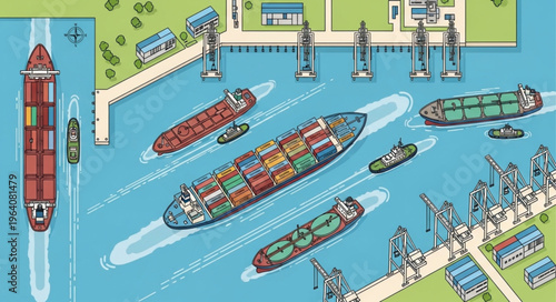 Aerial View of a Busy Port with Cargo Ships and Tugboats.